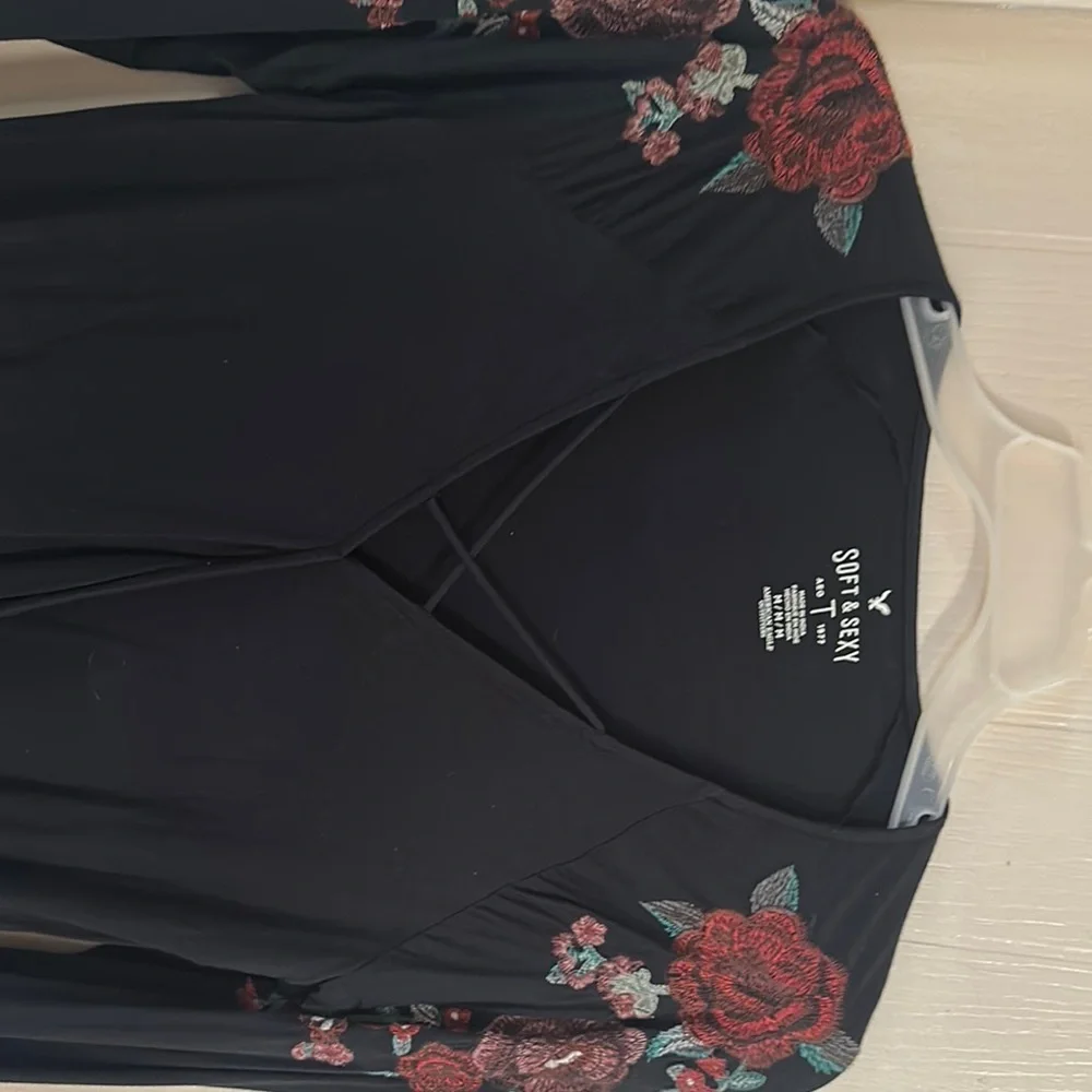 American Eagle Outfitters Black Wrap Blouse 3/4 Sleeve - Picture 9 of 15